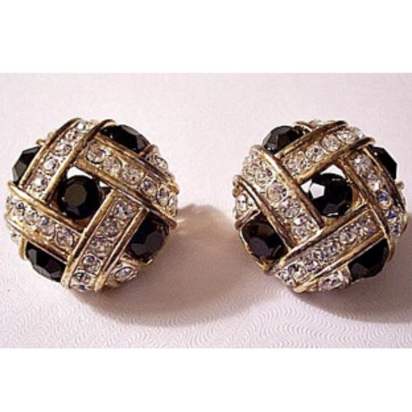 Black Basketweave Crystal Clip On Earrings Gold Vintage Saks Fifth Ave Tagged - Picture 1 of 2